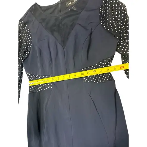 Cachet Navy Blue Sheath Dress Sz 12 Rhinestone Mesh Long Sleeve Cocktail Party