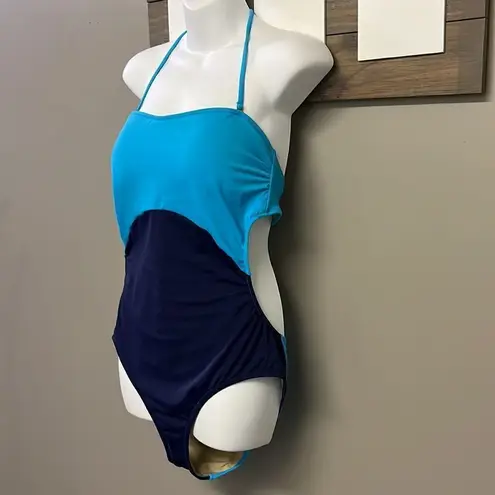 J. Crew Blue One Piece Halter Swim Suit with Cutout Back