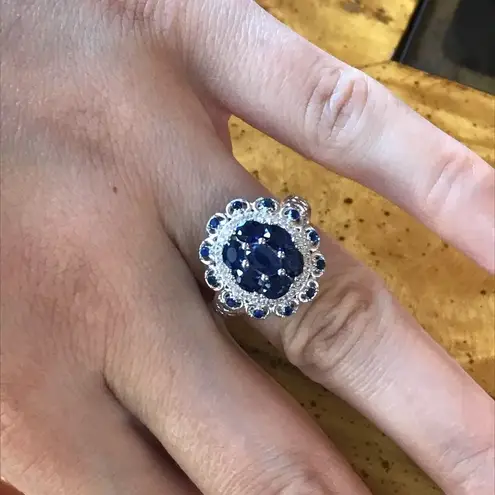 Natural Blue Sapphire Sterling Silver Cocktail Ring Size 6