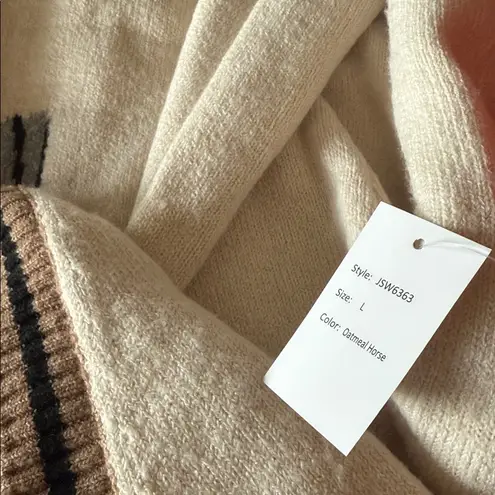 NWT Cream Horseback Knit Varsity Cardigan Sweater Jacket Horse Motif Large Brown