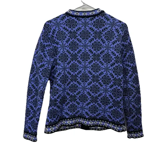 Vintage LL Bean Purple Nordic Snowflakes Button Wool Cardigan Sweater Size SMALL
