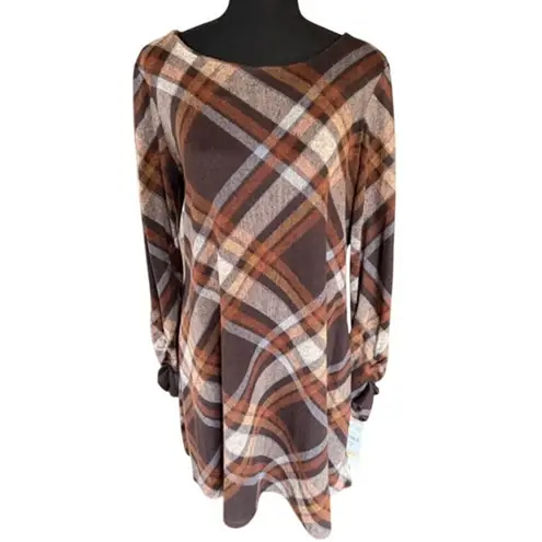 R&K Brown Plaid Dress w/ Detachable Cowl Neck Women’s Medium NWT