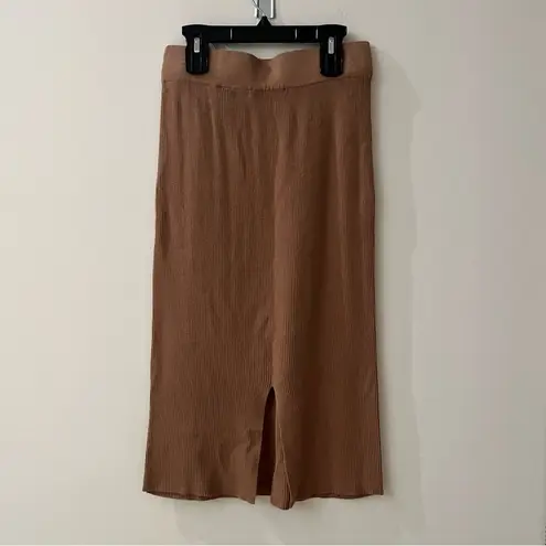 Tahari  Midi Pencil Skirt Petite Brown Back Slit Ribbed Knitted Stretch Elastic