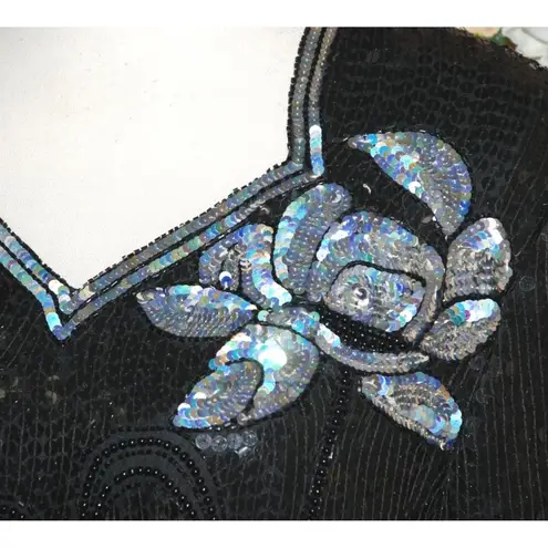 Vintage Royal Feelings Black Full Sequin Sparkle Silk Blouse Size S Short Sleeve
