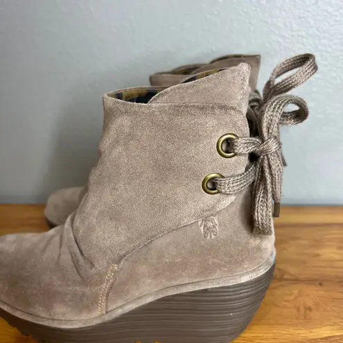 Fly London YEBI Ankle Wedge Heel Booties Size 39 (8 - 8.5 US) Tan Suede Back Tie