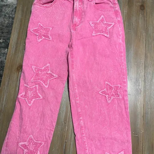 SheIn Pink Embroidered Star Mom Jeans