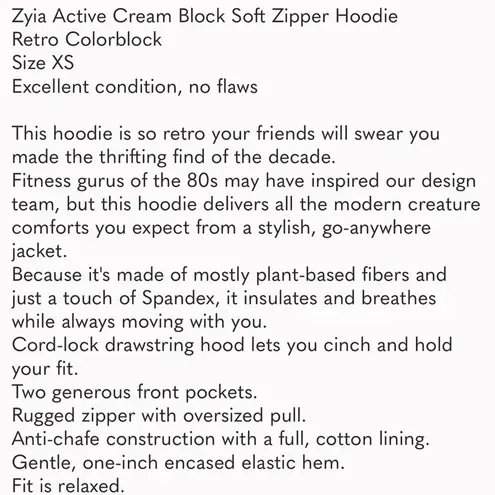 Zyia Active Cream Block Soft Full Zip Hoodie Retro Colorblock Size XS Athleisure