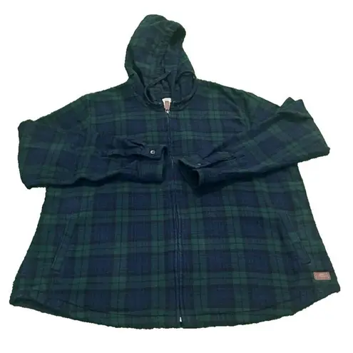 LL Bean Flannel Zip Up Hooded Shacket Relaxed Fit Scotch Plaid Blue Green XL