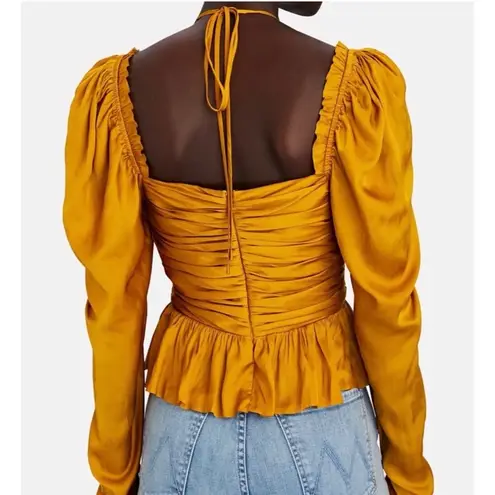 Ulla Johnson Mirelle Plisse Satin Peplum Mustard Long Sleeve Ruched blouse NEW