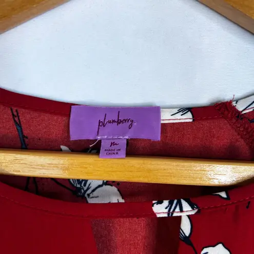 Plumberry Floral Print Smocked Waist Mini Dress Keyhole Neck Dressy Size Medium Red