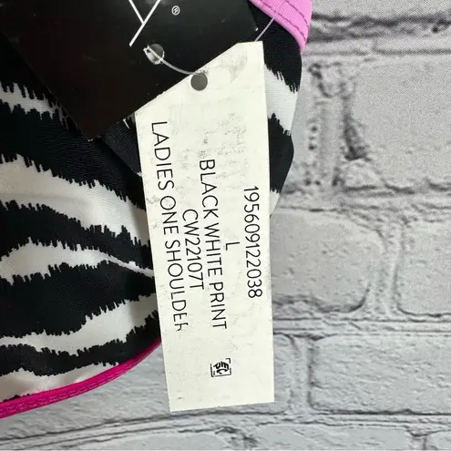 California Waves Juniors’ Printed Asymmetric Bikini Top Black Pink Lime L NWT