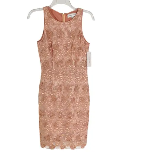 NWT Katherine Kelly Lace Dress Sheath Mesh Overlay Sequin in Peach Pink Size 2