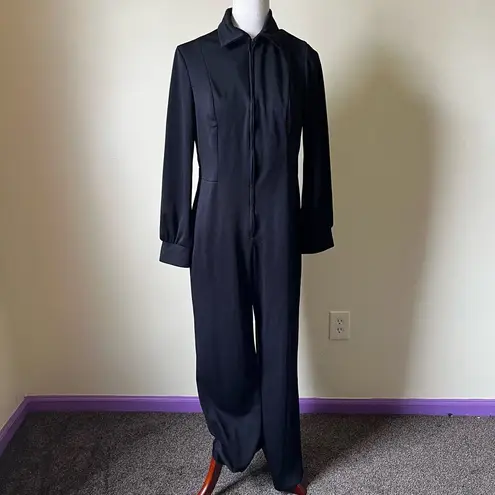 70s Vintage Black Wide Leg Jumpsuit Disco Long Sleeve Zip Front Union Made USA Size L