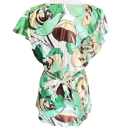 Dressbarn Women's Y2K Green Floral Silky Empire Waist Tie Back Blouse Top Large