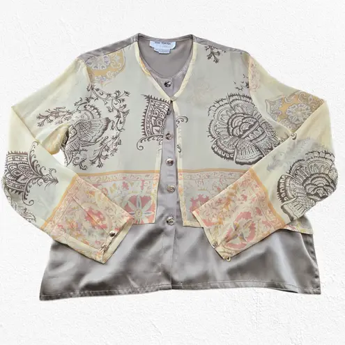 1990s Vintage Tere Tereba 100% Silk Blouse Pants Set Lounge Evening Size Medium Tan