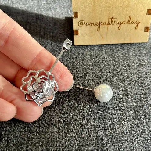 Sparkly, Rose Stud Drop Fashion Earrings, Silver, Pearl Silver