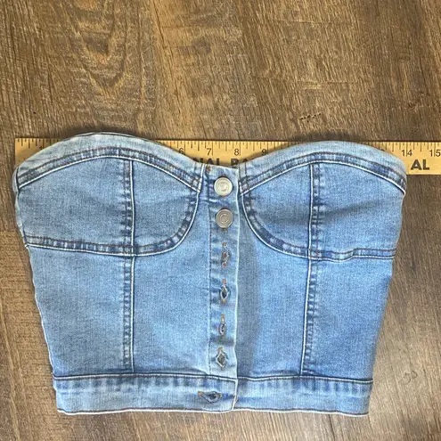 VINTAGE DENIM BUSTIER WITH BUTTON FRONT AND SHEERING IN BACK TO LOOK SNATCHED IN Blue