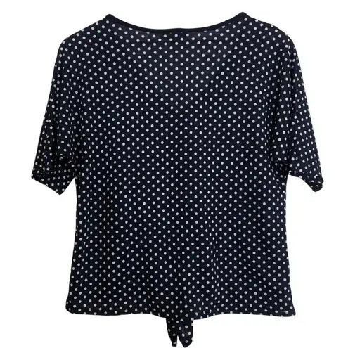 Lavish Navy Blue White Polka Dots Button Tie Front Half Sleeve V-Neck Blouse Top