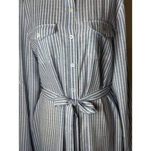 Joy Joy Dress Women Large Blue White Striped Button Front Tie Waist Shirt NWT
