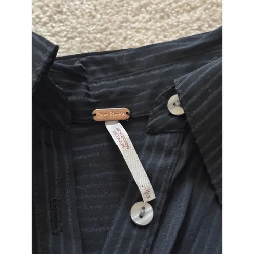 Free People  Pinstripe Button Down Shirt Wide Cuff Navy Blue