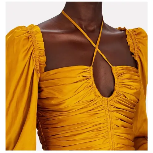 Ulla Johnson Mirelle Plisse Satin Peplum Mustard Long Sleeve Ruched blouse NEW