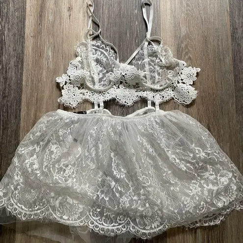Dainty Lace Strappy Bralette Tulle Skirt Lingerie Dress Large Bridal Coquette White