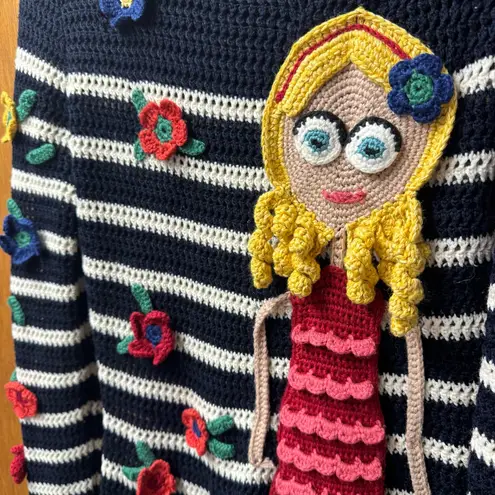 Red Valentino London Kaye Long Sleeve Knit Sweater Dress Stripes Crochet Medium