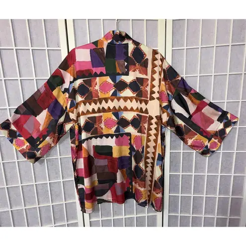 Soft Surroundings Margot Open Front Cardigan Kimono Geo Satin Art to Wear S/M