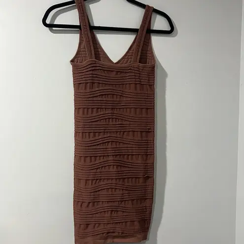 Aura Mini Dress Ribbed Tight Fitted V Neck Brown Size S/M