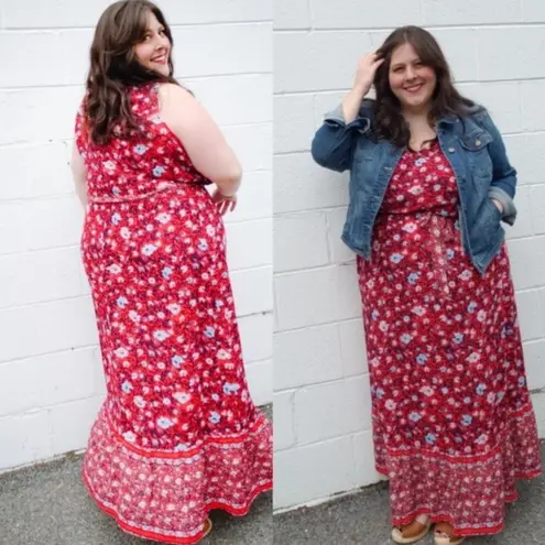 Westport Dress Barn Plus Size Red and Blue Floral Print Boho Maxi Dress