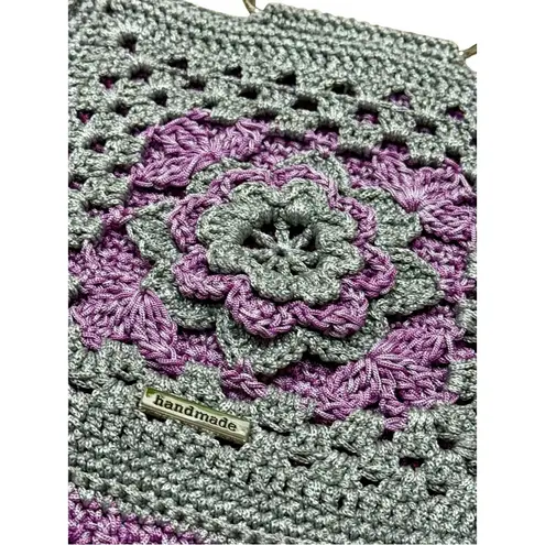 Handmade Thick Crochet Granny Square Bag – Boho Floral Purse Metal Chain Strap Purple