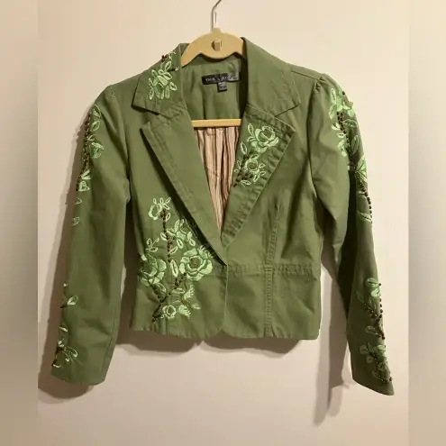 True Meaning Embroidered beaded blazer Jacket Womens size 2 Boho Floral Artsy Green