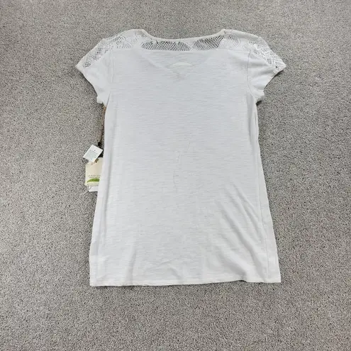 Earth Yoga Womens Top L White Lace Mesh Trim V Neck Capped Short Sleeve NEW Size L