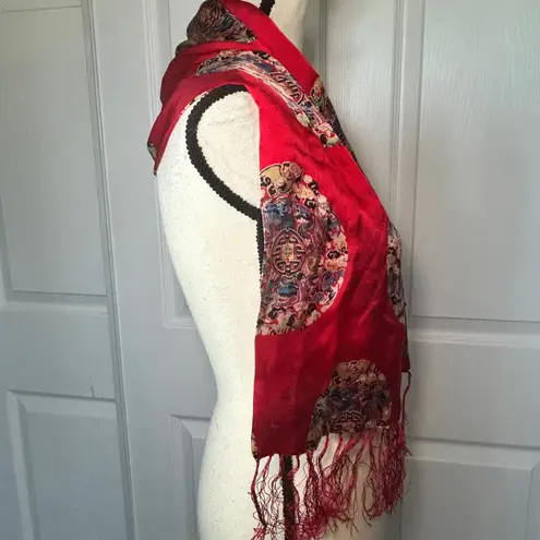 Vintage Chinese Red Silk Brocade Fringe Scarf Wrap Dragon Longevity Medallion