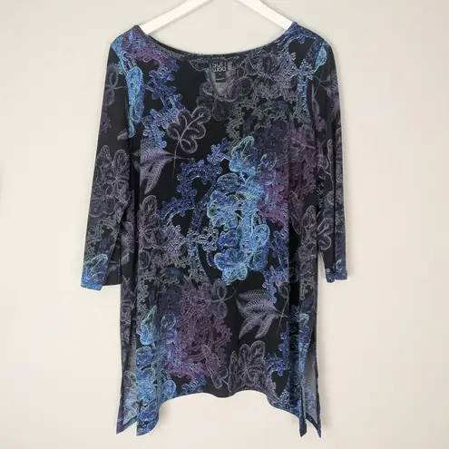 CLARA SUN WOO Black and Purple Floral Slinky Knit Tunic Top Large 3/4 sleeve