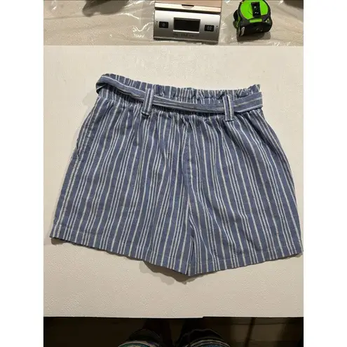 Sapphire Red Women’s Large Blue White Striped Paperbag Waist Linen Blend Shorts