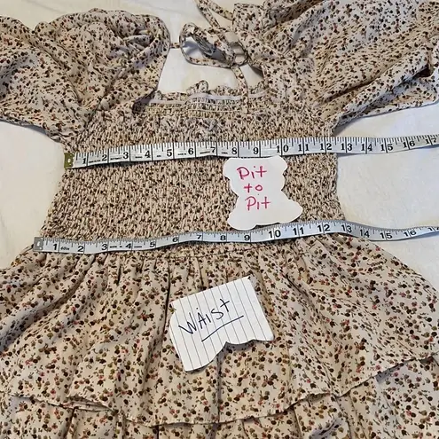 NWT Byinns szL flowery tiered skirt puffy sleeve gathered bodice open back dress Brown Size L