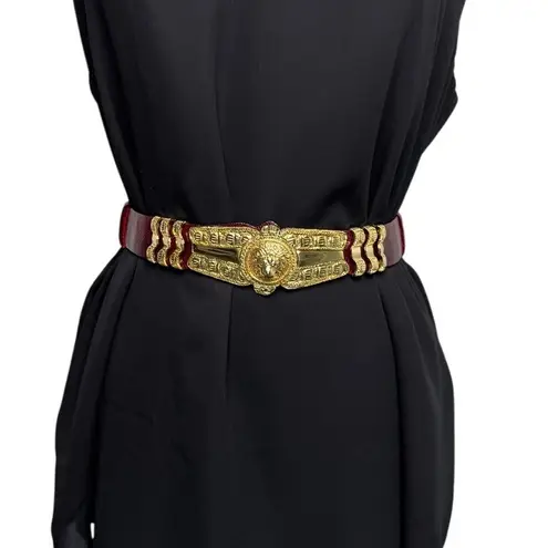 Judith Leiber vintage Lion's Head belt burgundy red leather & gold adjustable OS