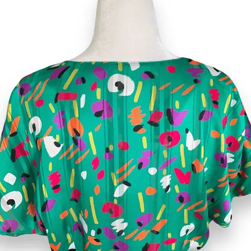 Vintage Howard Wolf Green Abstract Floral Print Mini Dress Ruffle Hem Made USA 6