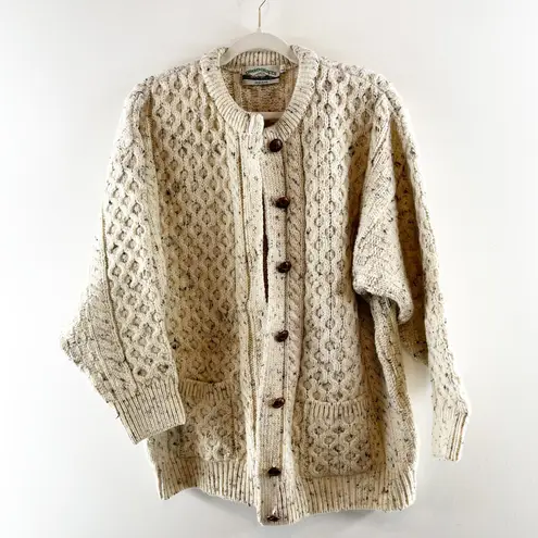 Aran Crafts Irish Fisherman Cable Knit Wool Cardigan Sweater Beige Large