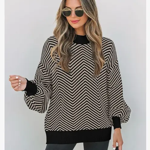 Zesica Chevron Stripe Lantern Sleeve Mock Neck Sweater Tan Black Large