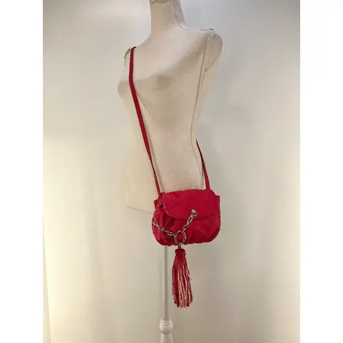 Henri Bendel Small Drawstring Bucket Crossbody Tassel Fish Leather Emboss Pink