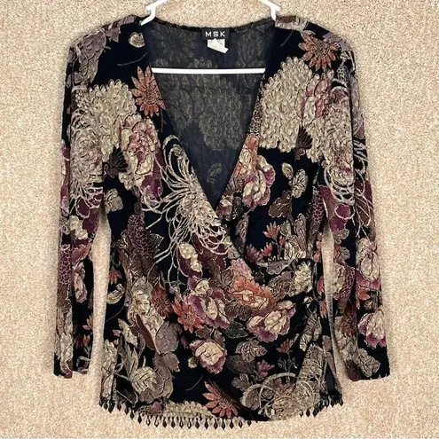 Vintage Y2K MSK Women's Black Floral top beading shoulder pads ruched v neck Size M