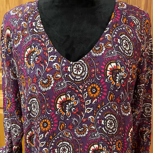 Garnet Hill Floral Paisley Bohemian Pocket-Detail 3/4 Sleeve Dress Purple Sz 14
