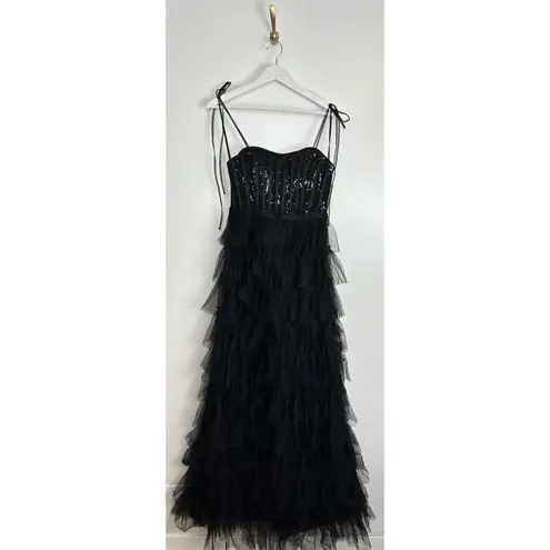 Mac Duggal Sequin Bustier Tier Tulle Gown in Black Size US 6