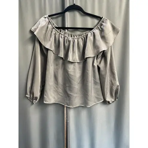 CARAMELA Cropped Blouse Top Women's Small Gray Long Sleeve Ruffled Hipster B76