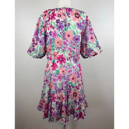 Fate Women Frances Floral Pleated Skirt Dress Sz L Puff Sleeve Colorful Feminine Pink Size L