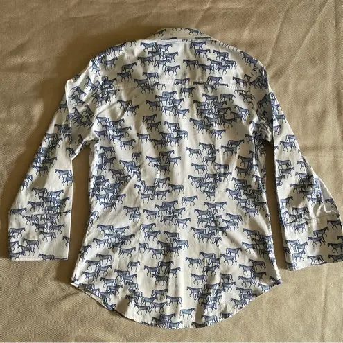 Rönner Horse Print Blouse Sz 8 Equestrian Button Down Shirt Horse Lover Barn Blue