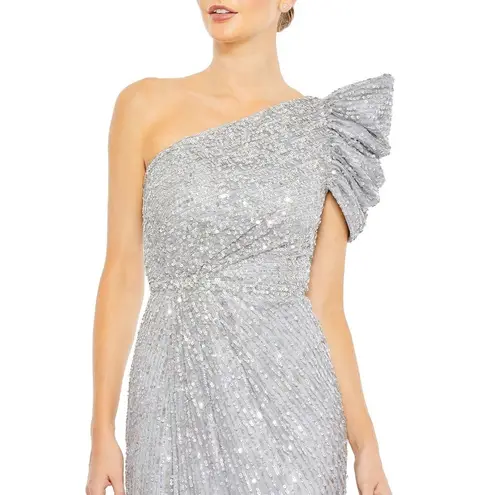 Mac Duggal 5622 Silver Sequin One-Shoulder Gown Evening Formal Dress Size 12