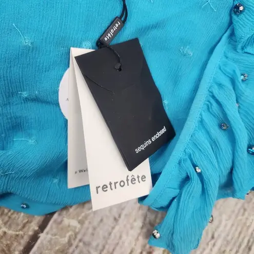 Retrofête Retrofete Lennon Embellished Silk Chiffon Dress in Blue Size Medium NWT V Neck